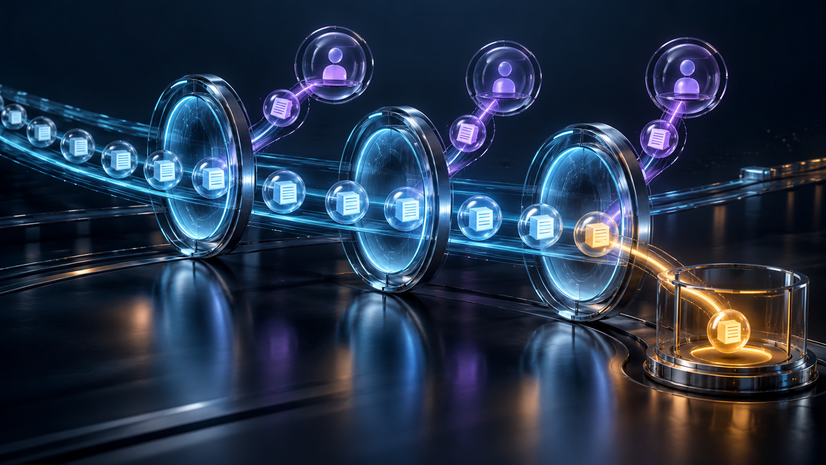 Luminous business requests crossing three transparent approval portals, with violet human decision points and an amber exception diverted to a review chamber