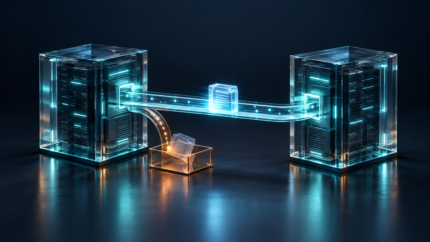 Ilustração de dois sistemas conectados por uma ponte luminosa, com um pedido em trânsito e uma cópia separada para conferência