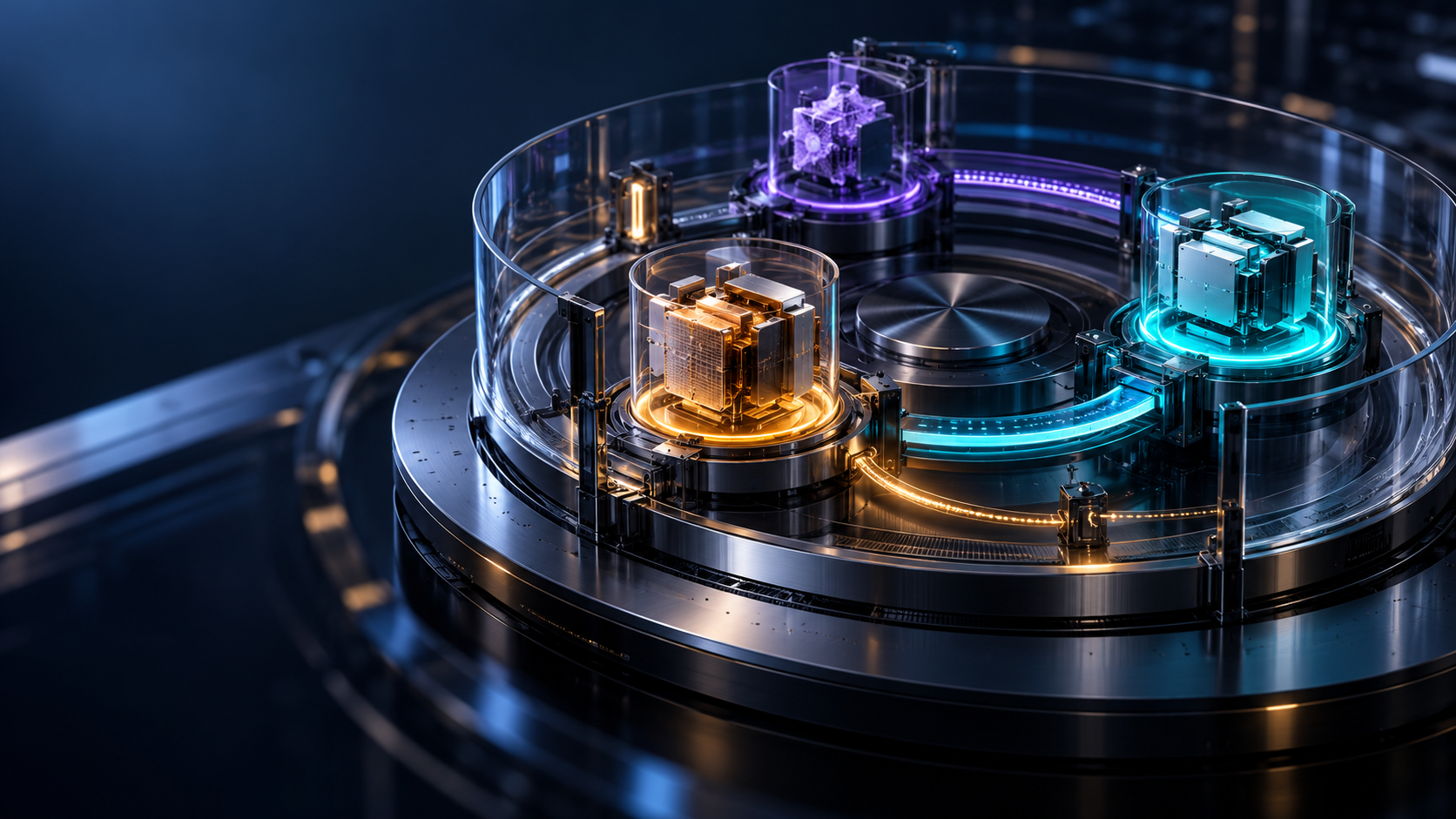 Circular release mechanism with violet, amber and cyan modules inside a transparent chamber for controlled AI agent changes